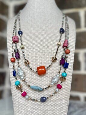 Beaded Multi-colored Necklace in Orange Navy Pink Aqua Cream Purple